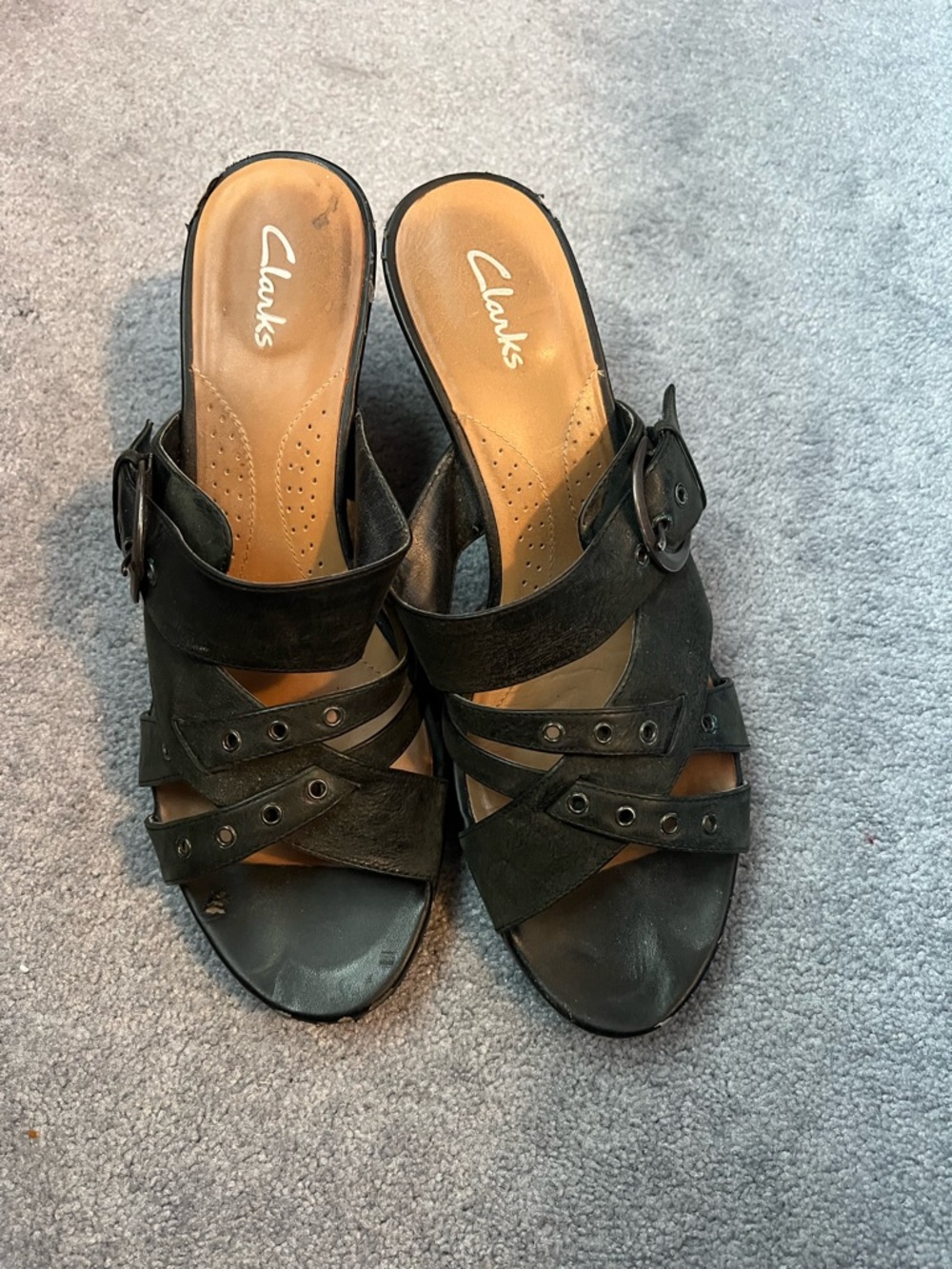 Clarks Women's Black Leather Slide Wedges